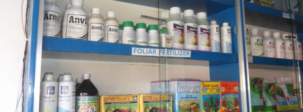 Agro-input dealer's local shop, selling 'Foliar Fertilizer'
