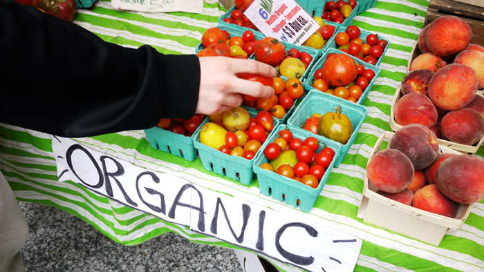 Tomates orgânicos sendo vendidos em um close-up do mercado.