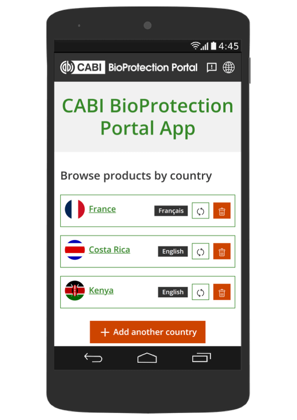 a mobile phone with the CABI BioProtection App open, with some country packs downloaded
