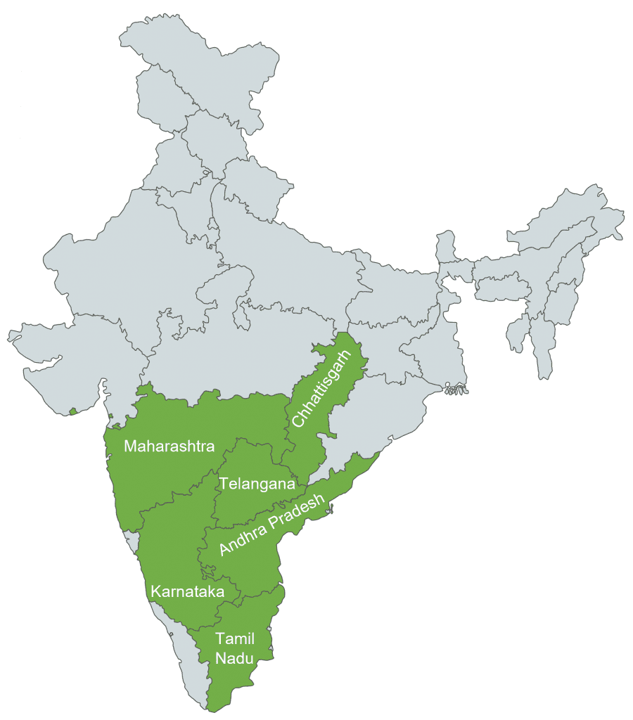 Map of India with states most affected by T. parvispinus colored in green.