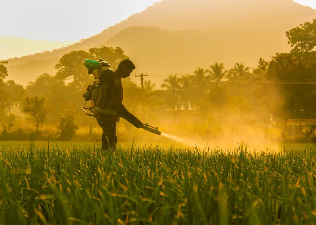 Landscape image of a farmer spraying crops with chemical pesticides 