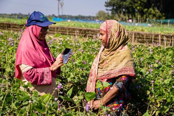 Women in a field using sustainable agriculture tool