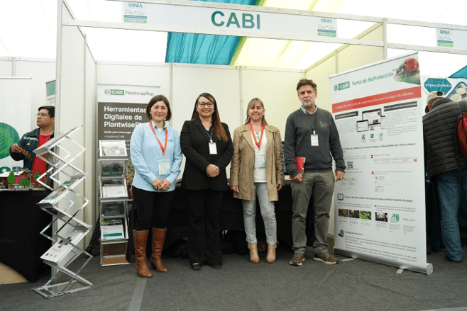 Representatives from CABI and the Chilean Network of BioInputs at the CABI booth at the Second Technological Fair on Biological Control